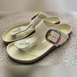 Birkenstock Gizeh Big Buckle Iridescent Sandals Birko-Flor Ecru sz 37 wide